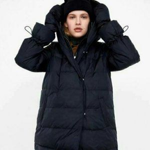 ZARA Puffer Hooded Down Long Black Coat with Mittens